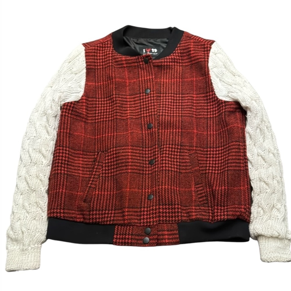 🟣 BOY MEETS GIRL RED & BLACK PLAID BOMBER WITH SWEATER SLEEVES JACKET SIZE XL